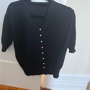 Black V-Neck Sweater with Pearl Buttons